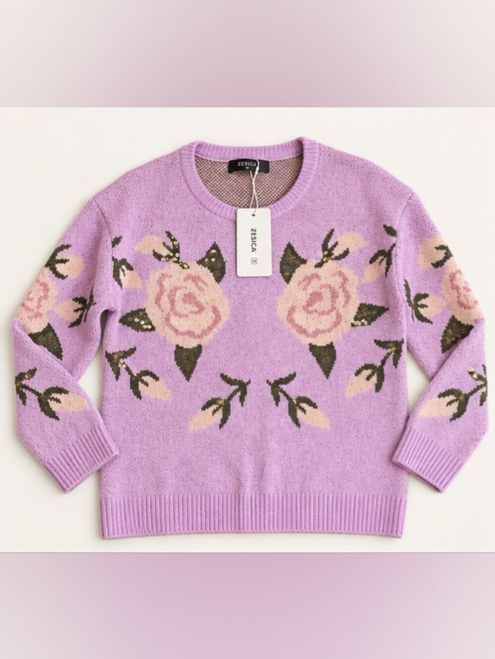 ZESICA Women’s Medium Lavender Rose Floral Sequin Knit Sweater – New With Tags